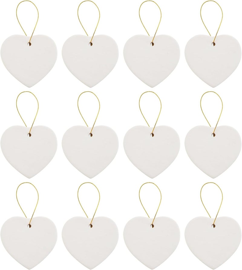 Creative Hobbies Ready to Paint DIY Glazed Porcelain Ceramic Heart Shape Ornaments with Hanger for Christmas Tree and Holiday Decoration | Pack of 12 - Image 1